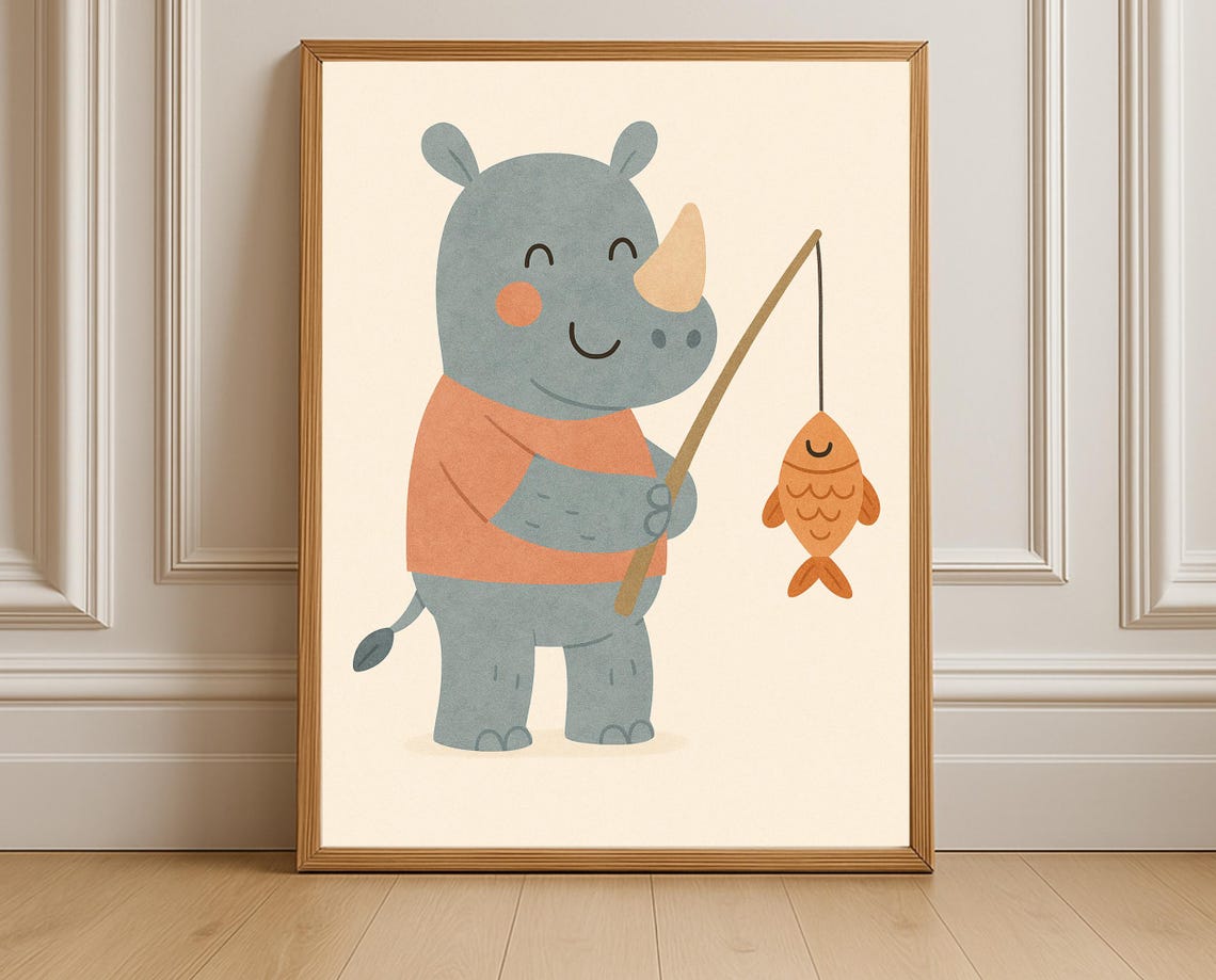 Fishing Rhino Wall Art Hobby Animal Series Nursery Decor Cute Safari Illustration