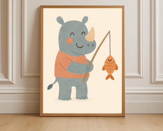 Fishing Rhino Wall Art Hobby Animal Series Nursery Decor Cute Safari Illustration