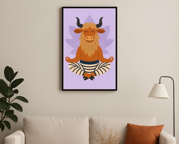 Yoga Highland Cow Meditating Lotus Pose Nursery Poster Purple Art