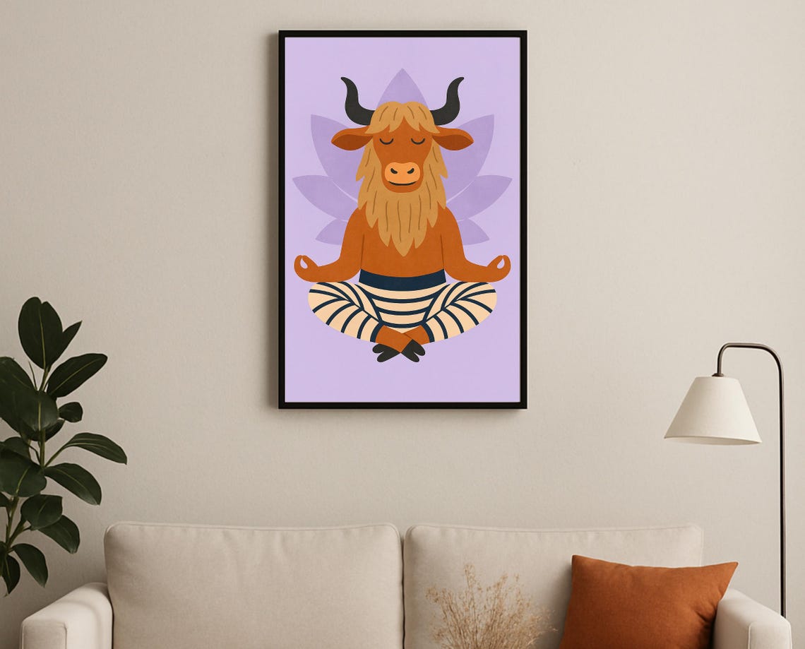 Yoga Highland Cow Meditating Lotus Pose Nursery Poster Purple Art