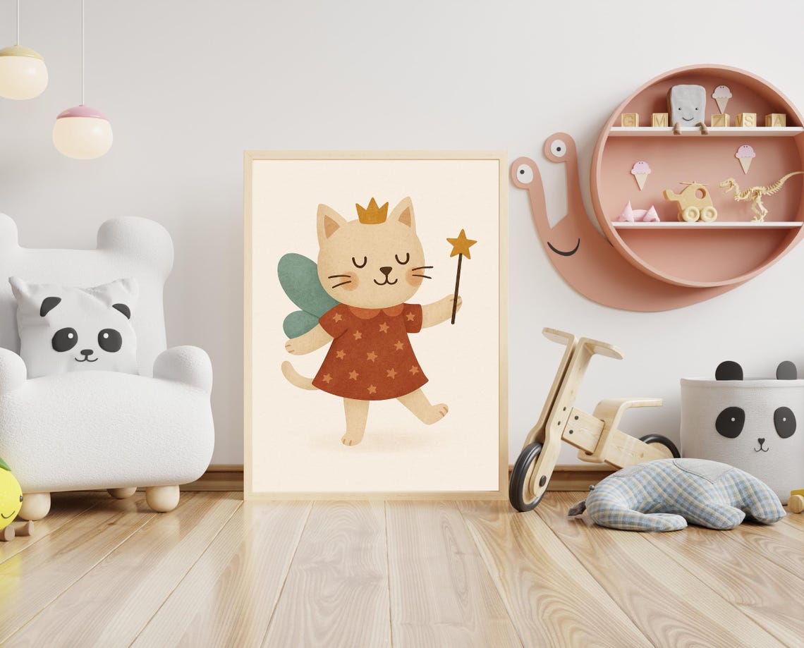Fairy Cat With Crown Star Wand Whimsical Girls Room Magical Art Poster