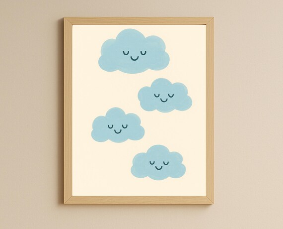Four Smiling Blue Clouds Cute Minimalist Nursery Kids Poster