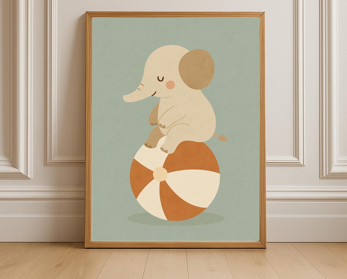 Baby Elephant Wall Art Neutral Nursery Circus Animal Calming Poster