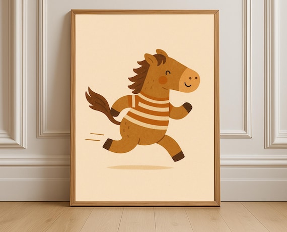 Running Horse Wall Art Nursery Print Kids Room Decor Playroom Poster Cute Pony Illustration Farm Animal