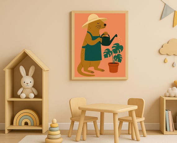 Gardener Otter Nursery Wall Art Gardening Animal Monstera Plant Kids Room Decor Montessori Poster Colorful Prints