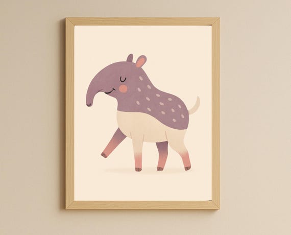 Cute Tapir Wall Art Pastel Jungle Nursery Print Playful Animal Kids Room Decor