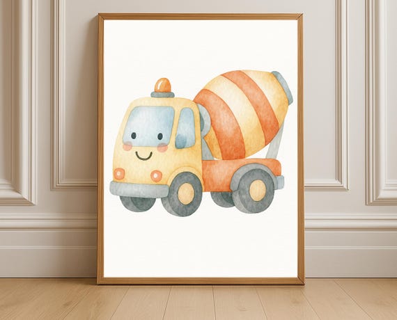 Watercolor Cement Mixer Truck Wall Art Construction Vehicle Nursery Print Toddler Room Boys Decor Instant