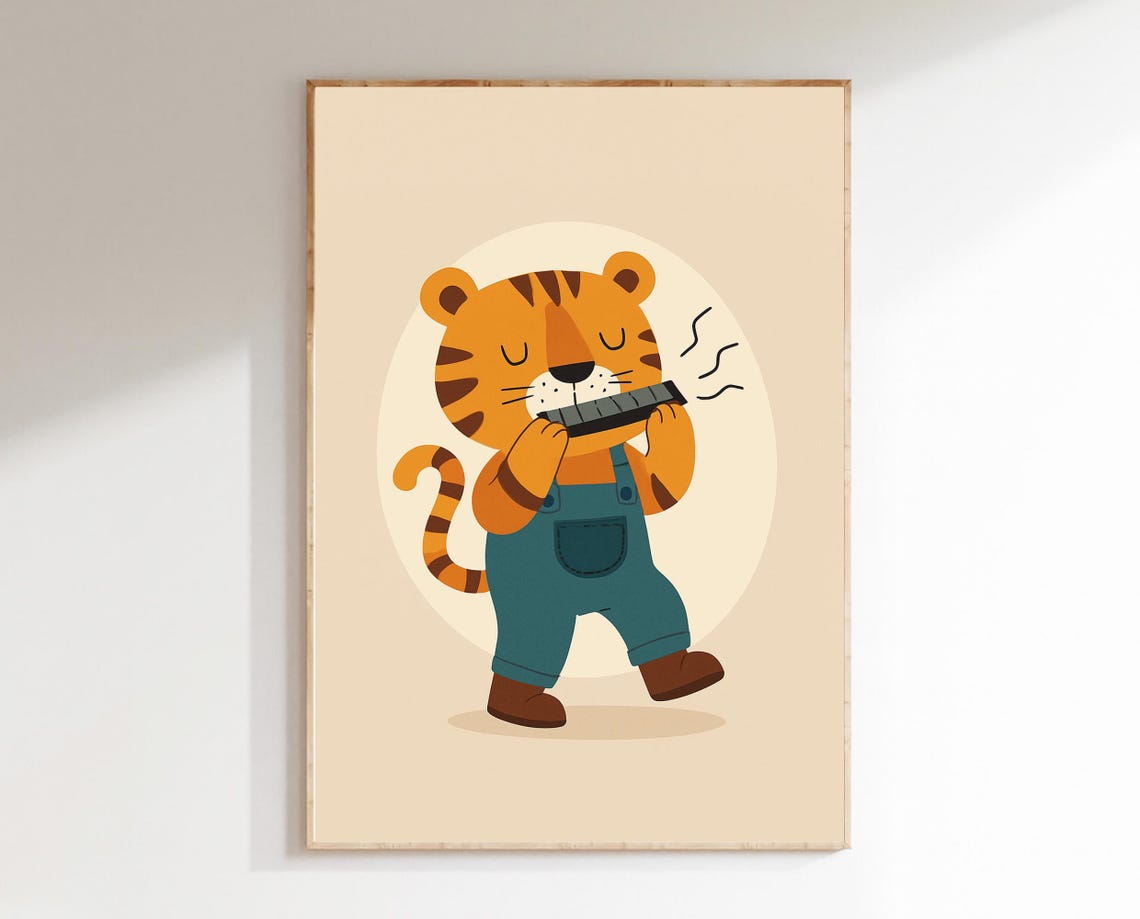 Tiger Wall Art For Nursery Harmonika Playing Animal Musical Toddler Room Decor