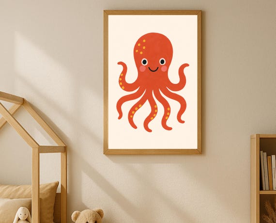 Octopus Nursery Wall Art Ocean Animal Kids Room Playroom Decor Sea Life Poster Coastal Instant