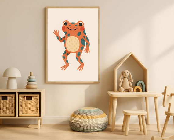 Cheerful Orange Frog With Teal Spots Waving Hello Kids Poster