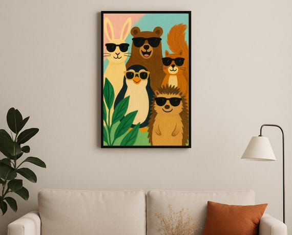 Cool Animals Wall Art Sunglasses Animal Friends Print Modern Pet Illustration For Playroom Or Kids Room Decor