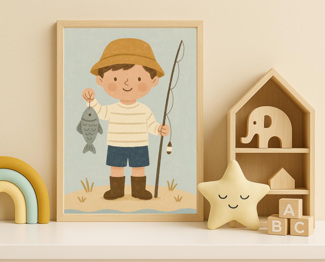 Little Fisherman Boy Holding Fish Catch Pastel Kids Room Nursery Poster