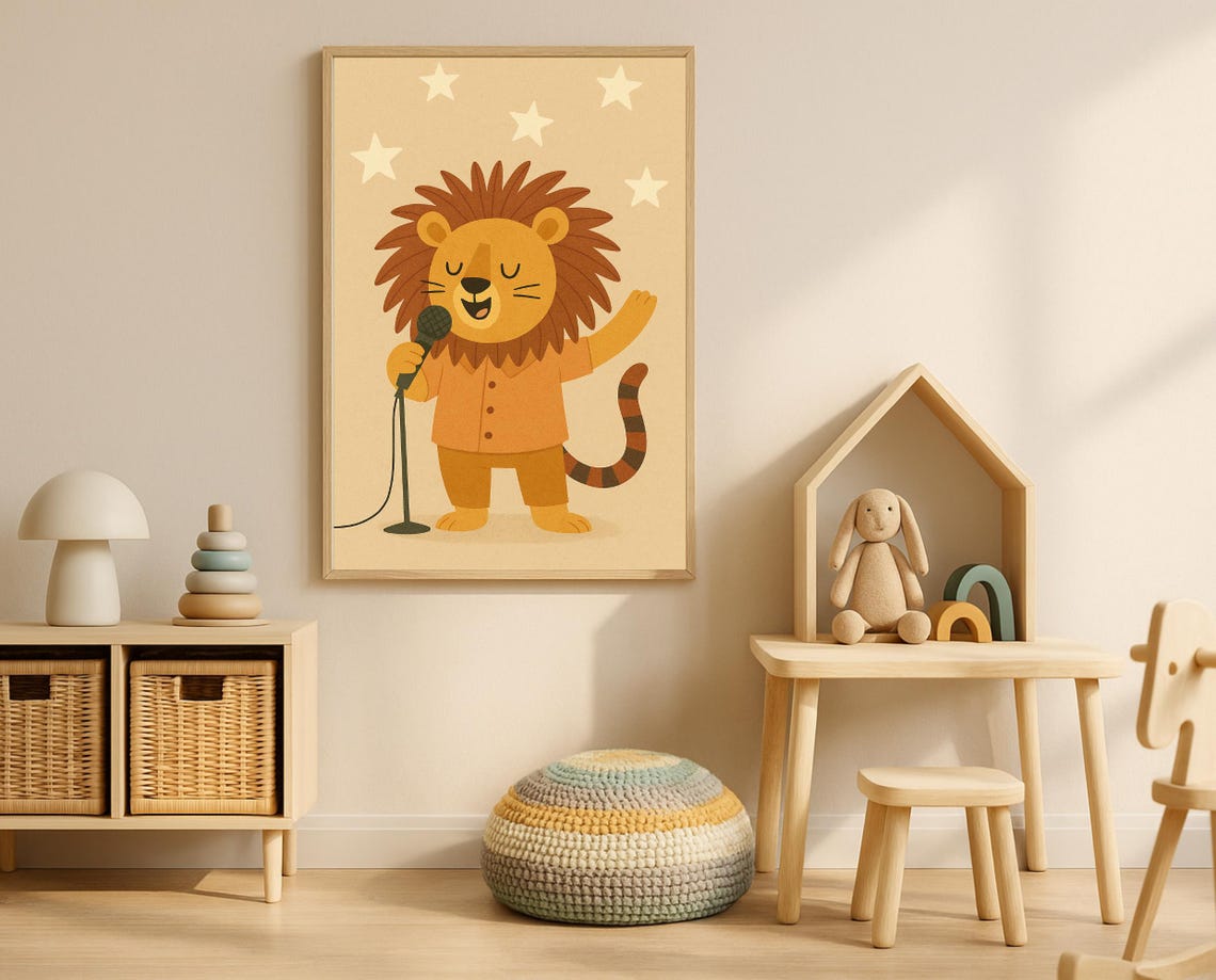 Rock Star Lion Singing Into Microphone Under Bright Stars Poster