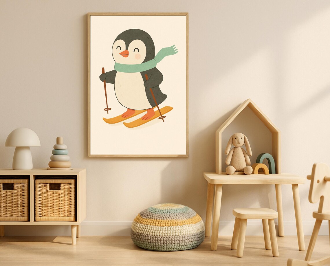 Penguin Skier In Green Scarf Gliding On Yellow Skis Kids Poster