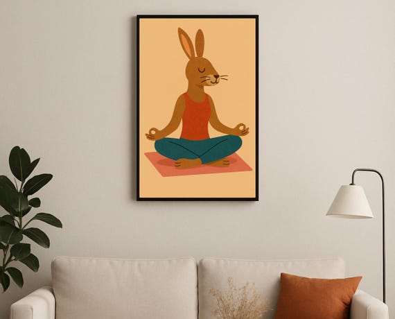 Yoga Rabbit Wall Art Hobby Animal Series Meditation Bunny In Pose For Nursery Playroom Modern Kids Room Decor