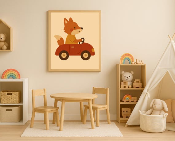Driving Fox Wall Art Cute Animal For Nursery And Toddler Room Decor Modern Kids Print