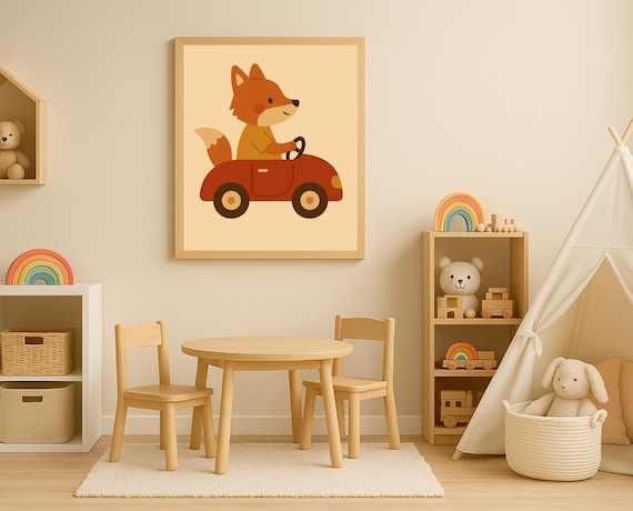 Happy Fox Driving Little Red Car Cute Animal Nursery Kids Poster