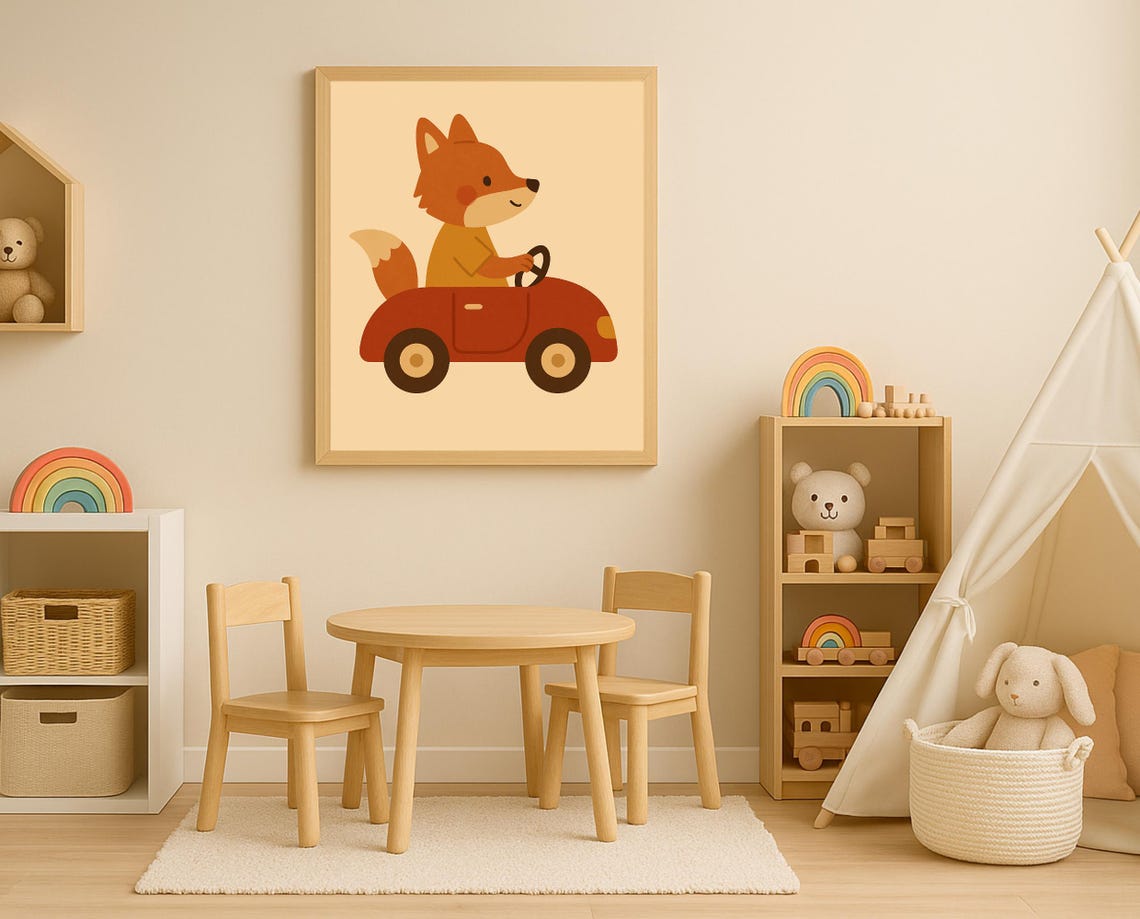 Driving Fox Wall Art Cute Animal For Nursery And Toddler Room Decor Modern Kids Print