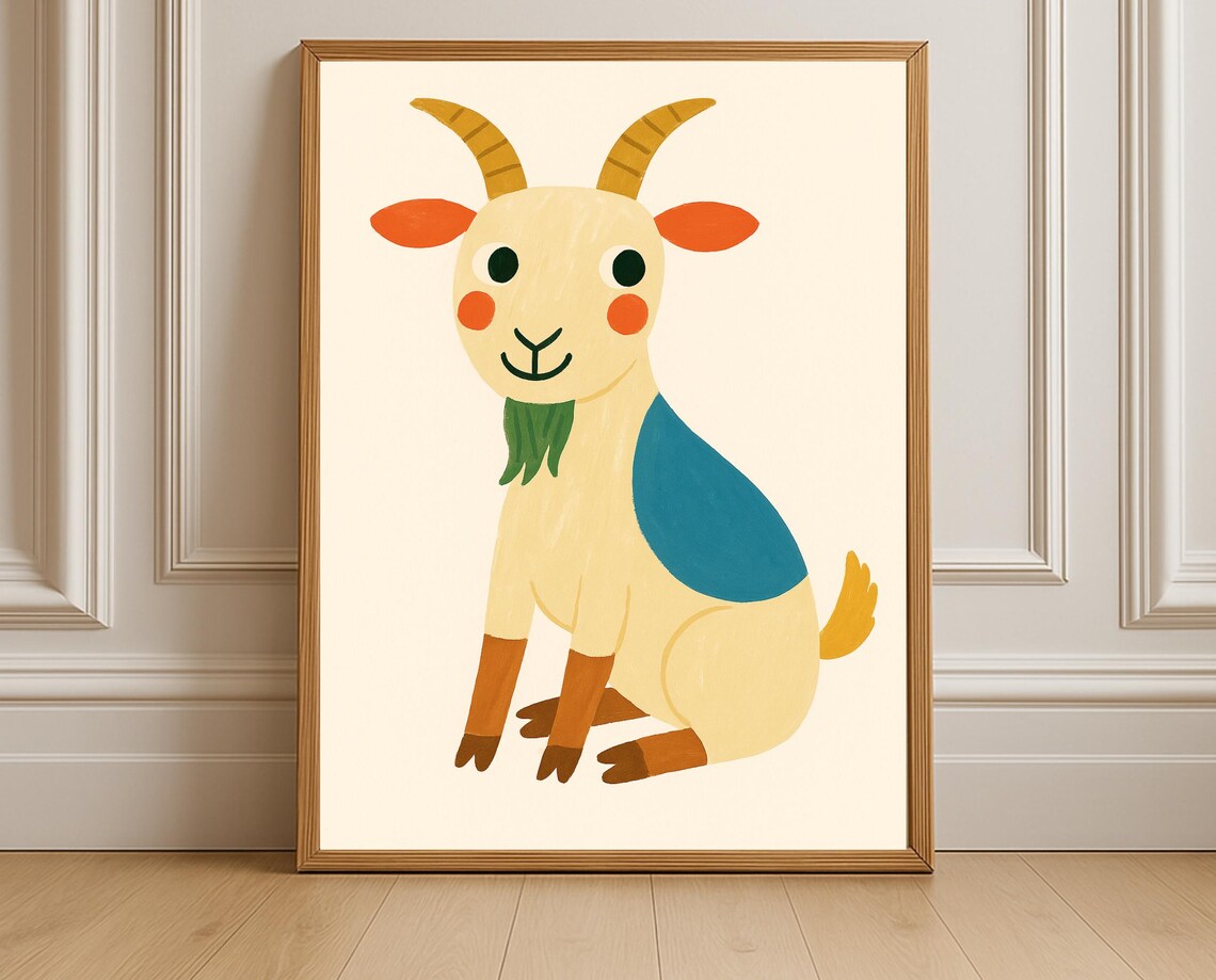 Happy Cartoon Goat Nursery Wall Art Cute Farm Animal Kids Room Decor