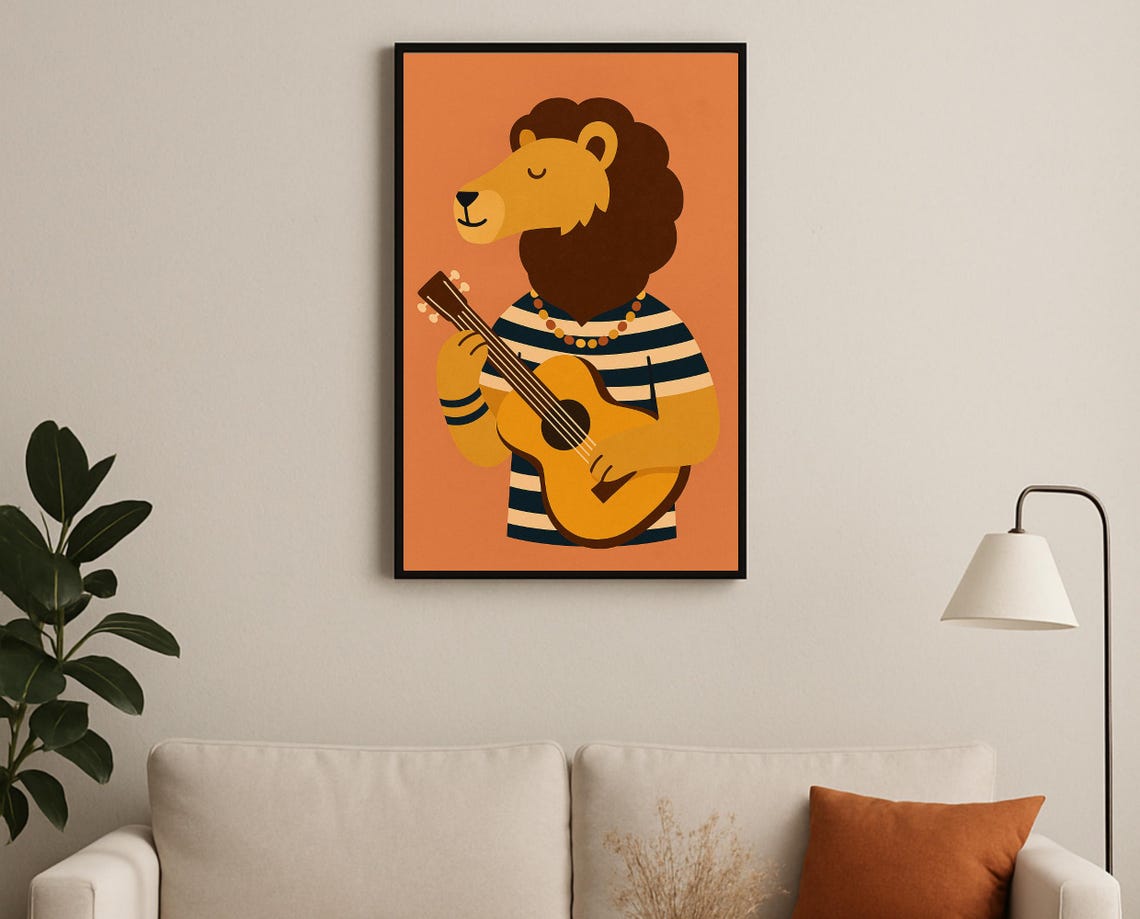 Guitar Playing Lion Wall Art Musical Animal Hobby Poster