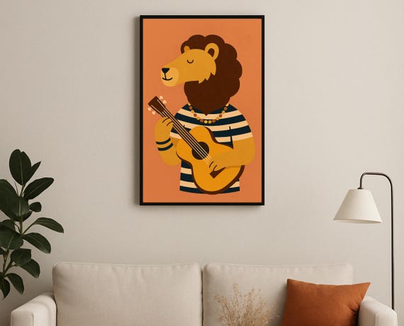 Guitar Playing Lion Wall Art Musical Animal Hobby Poster