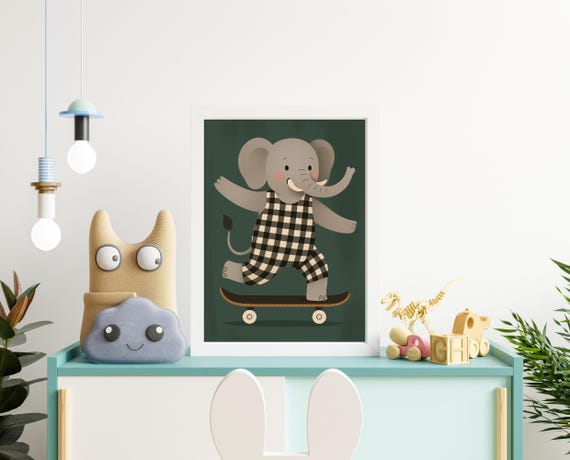 Skateboarding Elephant Nursery Wall Art Boys Room Jungle Animal Print Playful Kids Poster