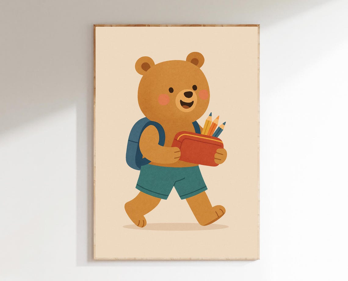 Teddy Bear with Backpack and Pencil Case Back To School Poster