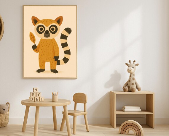 Ring Tailed Lemur Nursery Wall Art Cute Jungle Animal Kids Room Decor