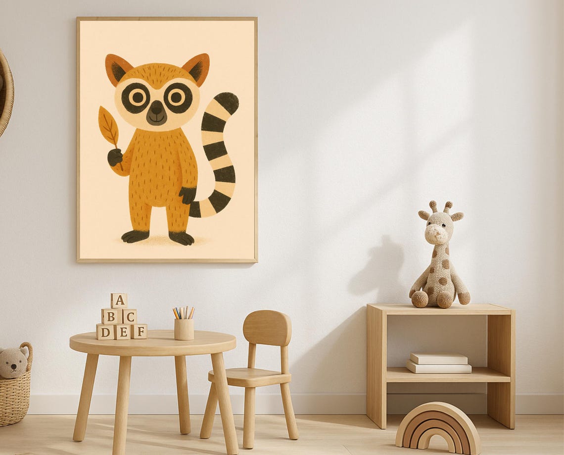 Ring Tailed Lemur Nursery Wall Art Cute Jungle Animal Kids Room Decor