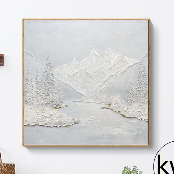 Large White Abstract Mountains And River Painting On Minimalism Landscape Oil Painting White 3d Texture Wall Art Living Room Decor