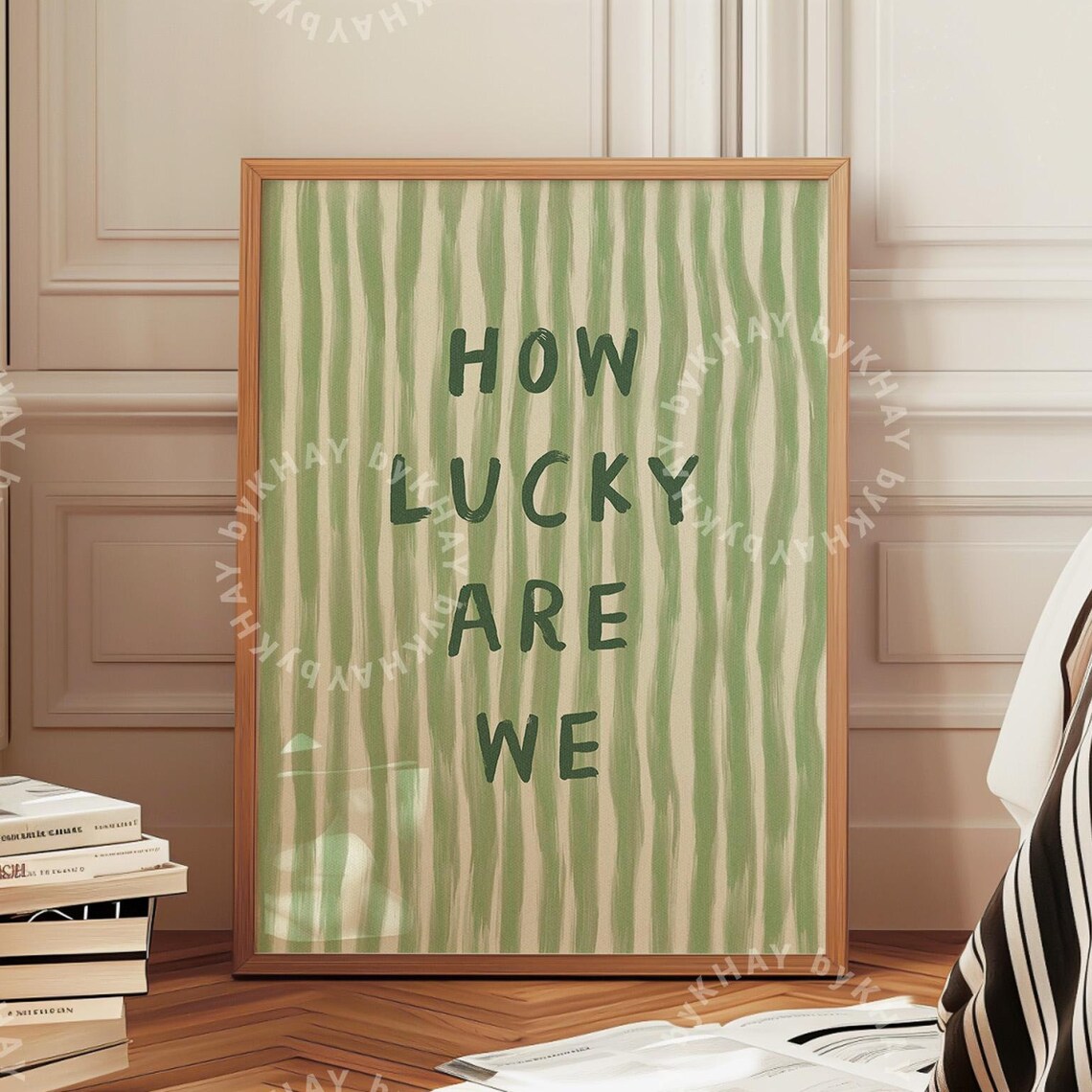 How Lucky Are We Quote Print, Green Stripe Aesthetic