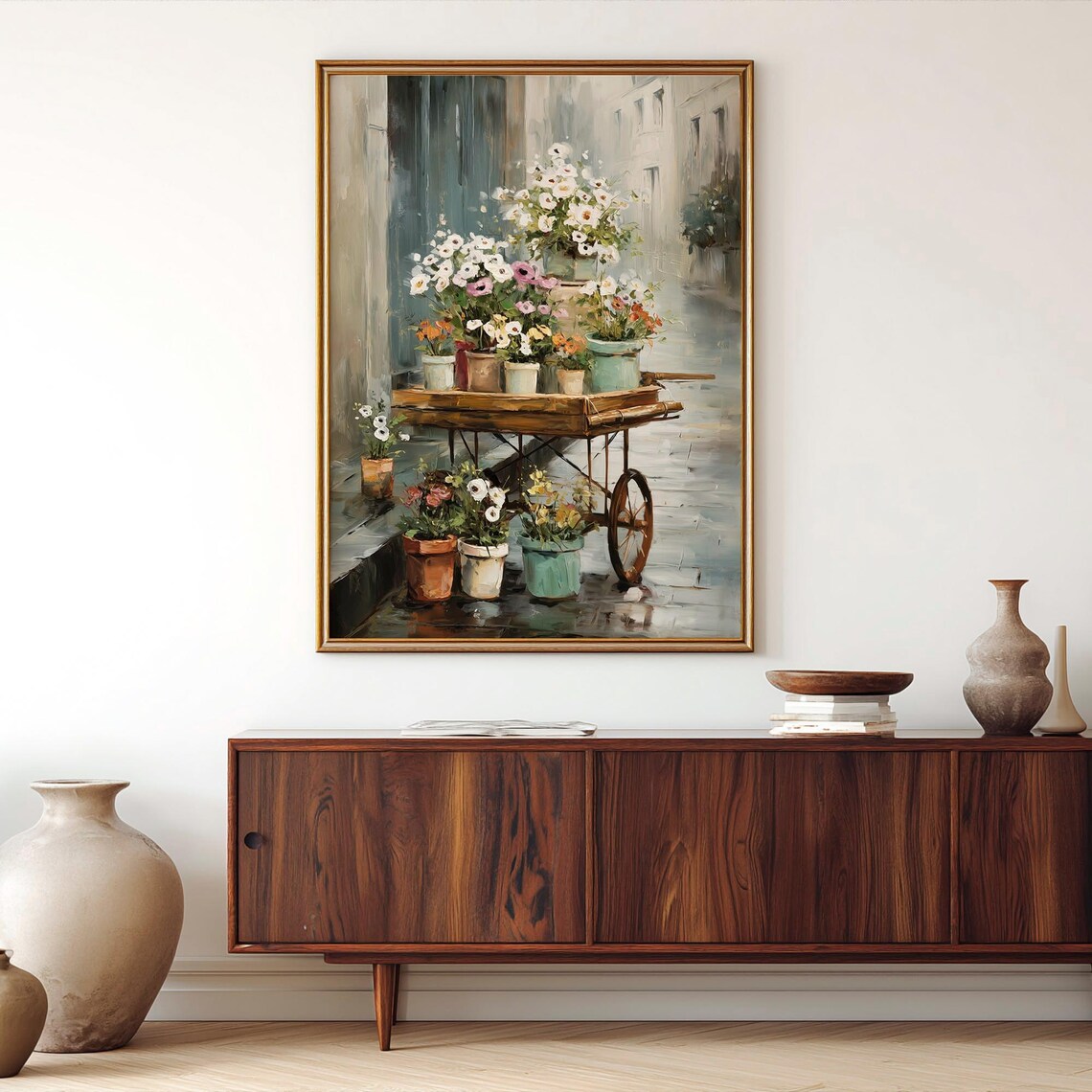 European Flower Cart Potted Blooms Rainy Cobblestone Art Poster