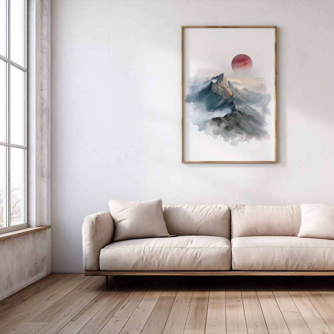 Minimalist Mountain Print Red Sun Wall Art Abstract Landscape Modern Nature Decor Prints