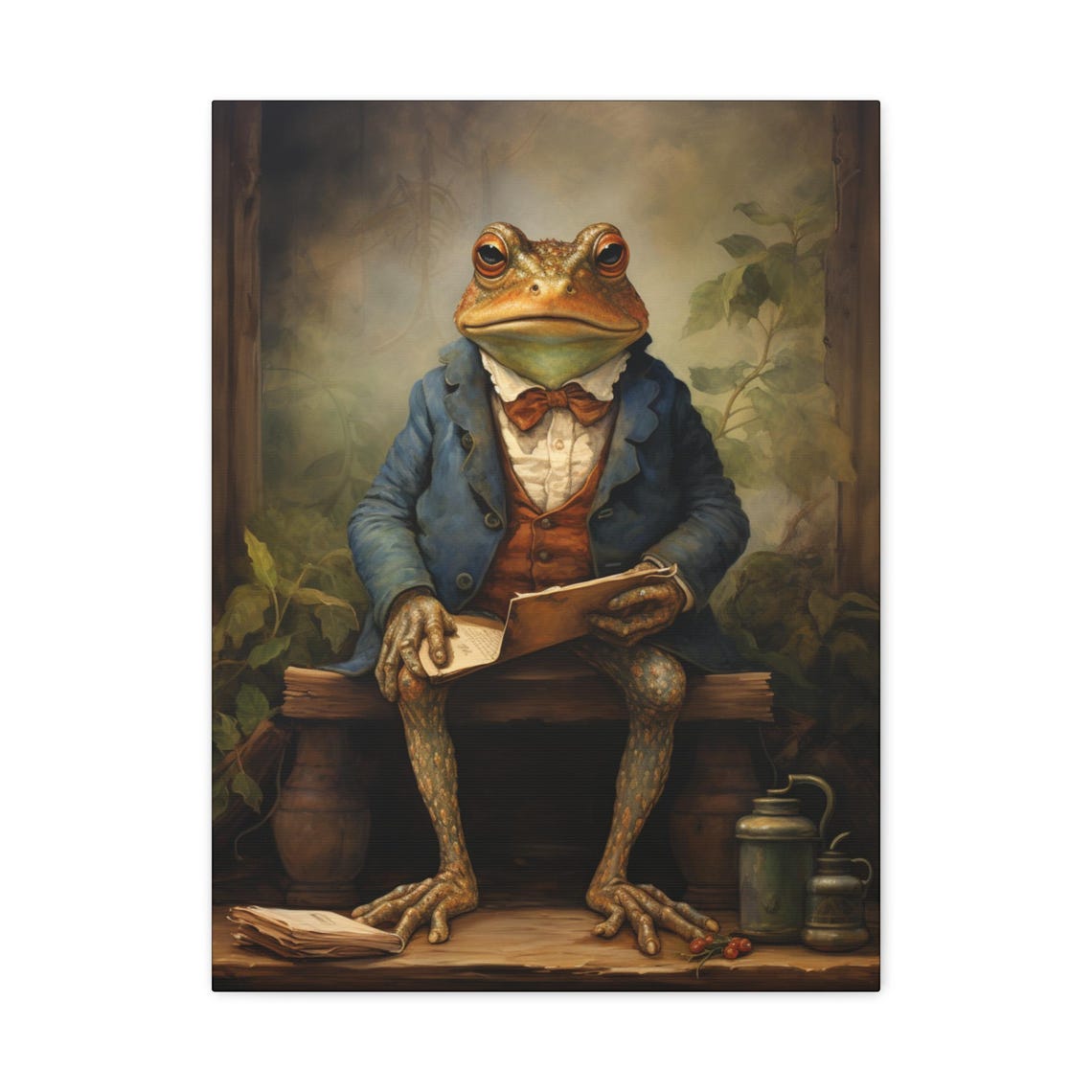 Gentleman Frog In Blue Jacket Reading A Book Whimsical Art Poster