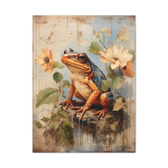 Orange Frog Among Wildflowers Vintage Botanical Style Art Poster
