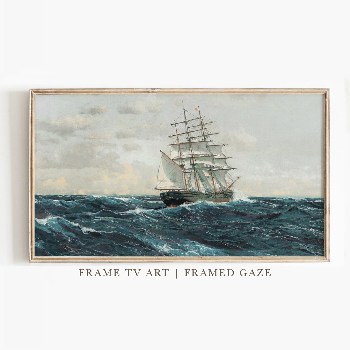 Tall Sailing Ship Full Rigged Ocean Waves Vintage Nautical Poster