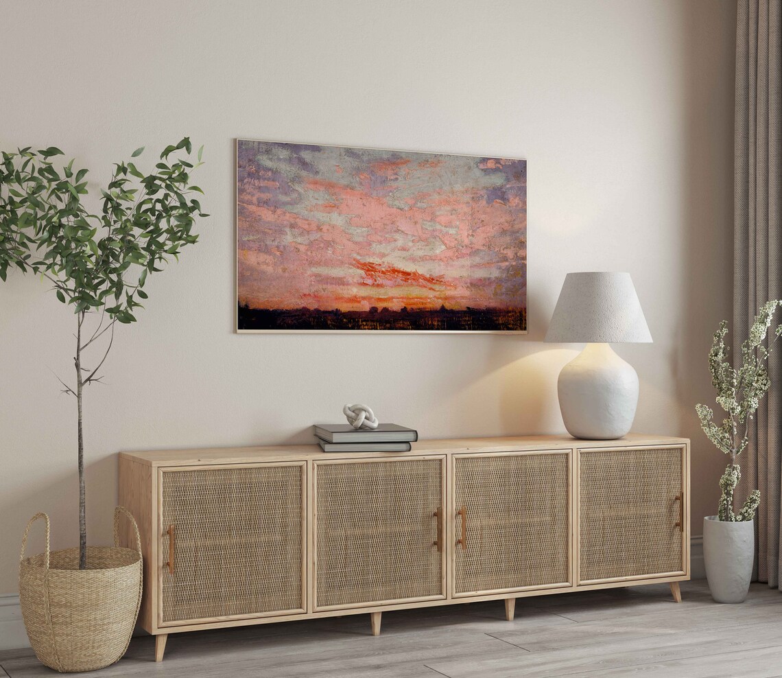 Vintage Sunset Sky Coral Rose Gold Field Impressionist Evening Painting Poster - Image 3