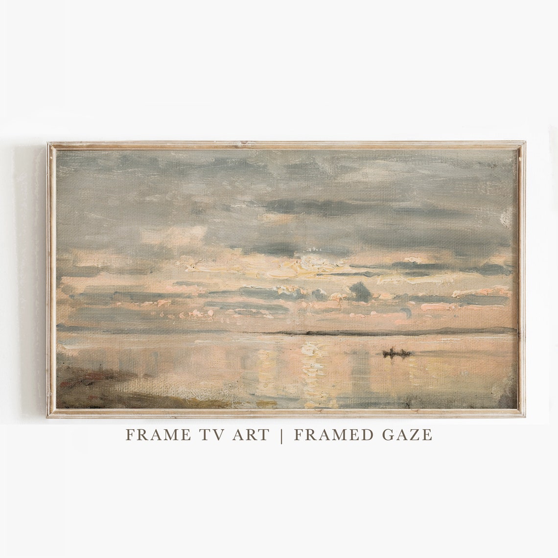 Sunset Lake Small Boat Blush Clouds Golden Reflections Poster