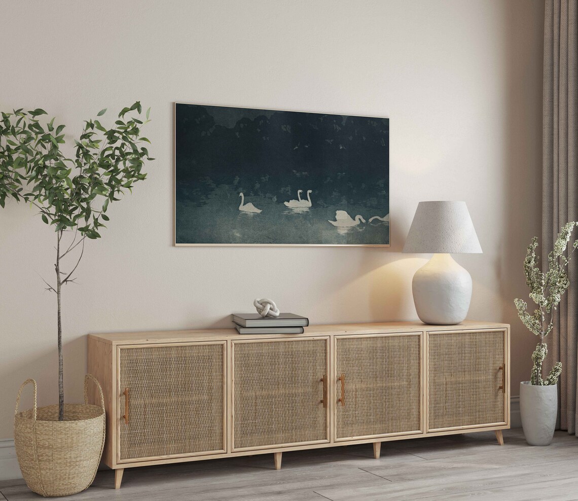 White Swans Dark Night Water Moonlit Lake Elegant Bird Art Poster - Image 2