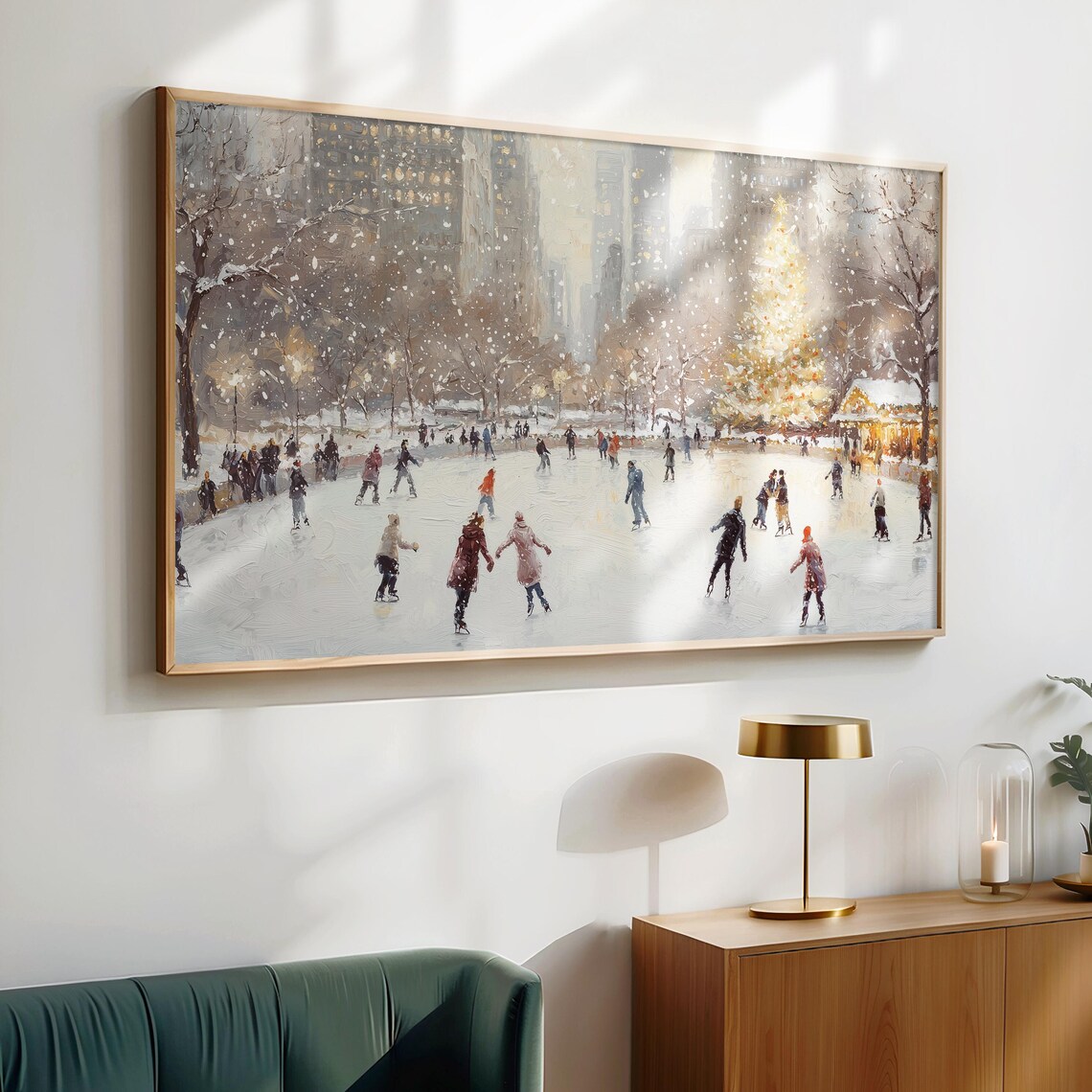 Snowy City Ice Skating Rink Christmas Tree Winter Holiday Wall Art - Image 3