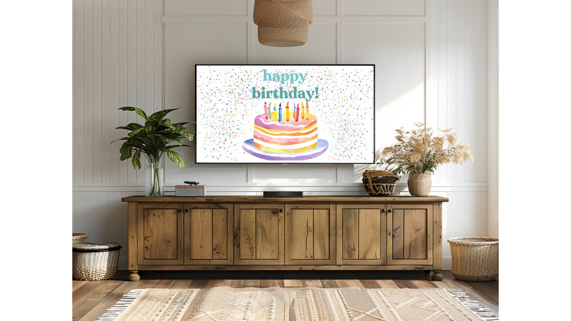Happy Birthday Watercolor Cake Confetti Party Frame TV Poster - Image 3