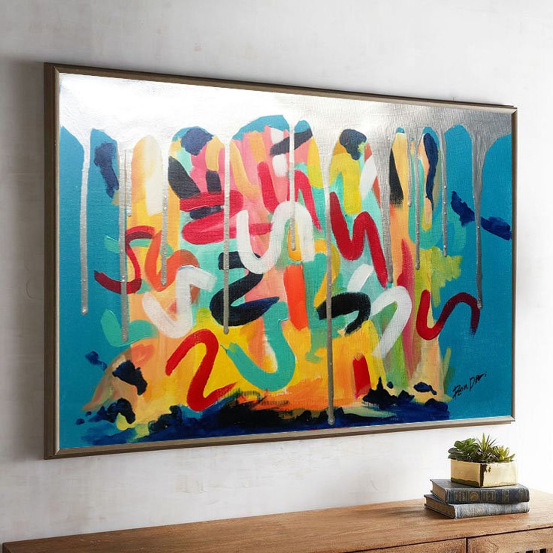 Blue Border Colorful Squiggle Drip Joyful Abstract Art Poster