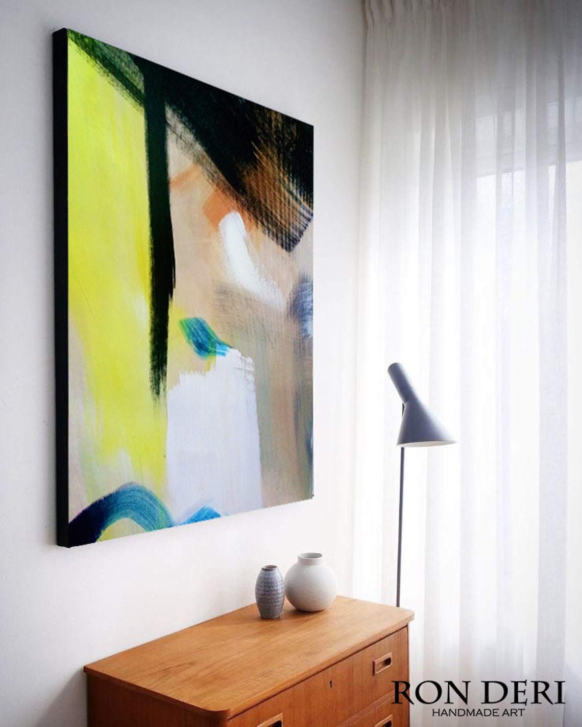 Tall Bold Yellow Black Expressive Brushstroke Abstract Wall Art - Image 6