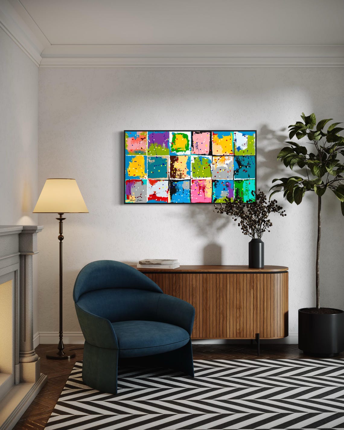 Wide Rainbow Color Block Grid Splatter Modern Abstract Poster - Image 3