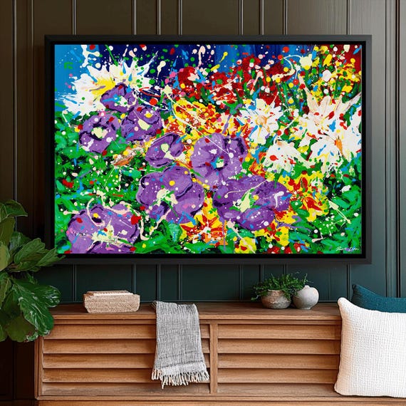 Bold Abstract Flower Art Print Colorful Floral Painting Purple And Yellow Wall Art Vibrant Modern Decor For Home Or Office
