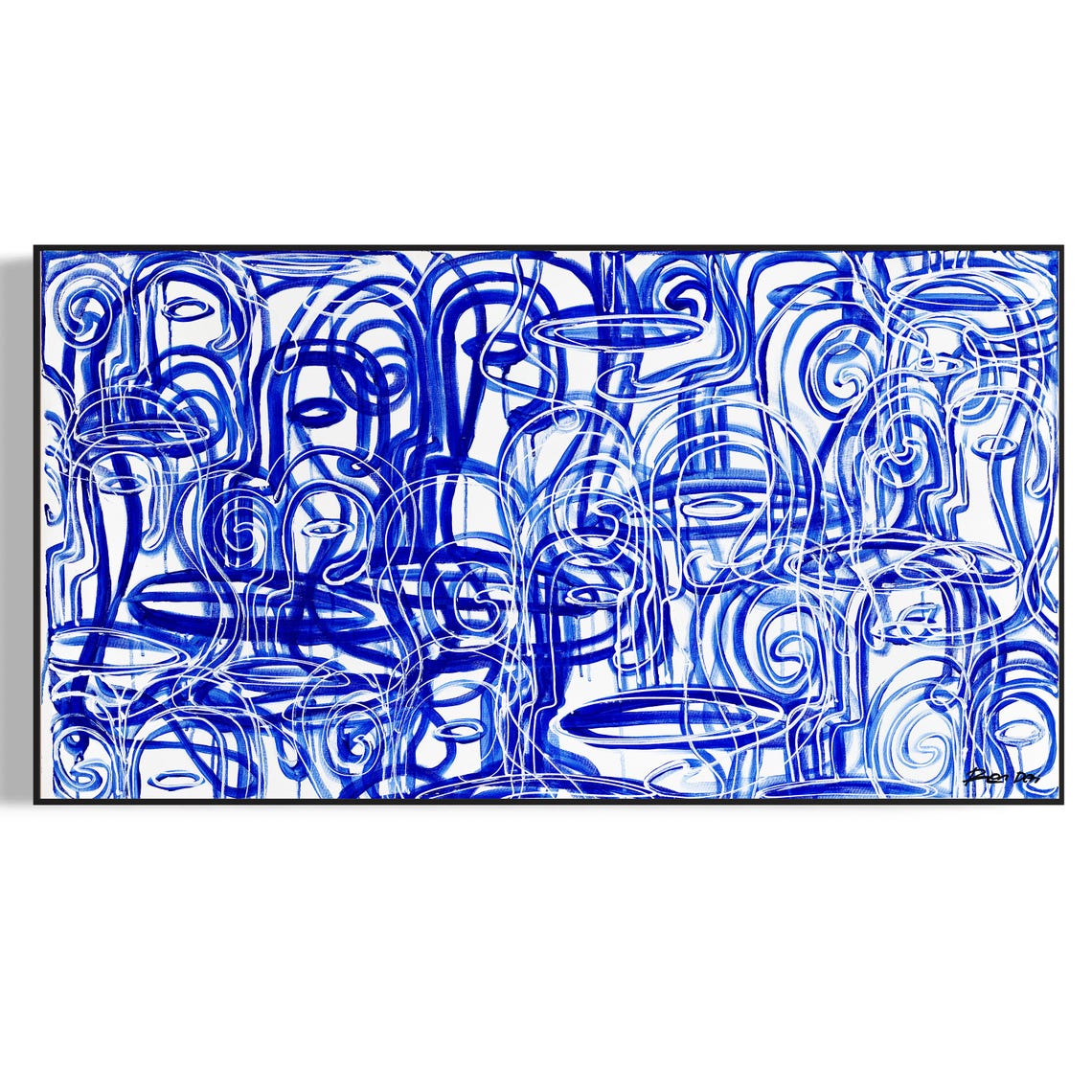 Reflections Unmasked Electric Blue Line Art Faces Abstract Poster