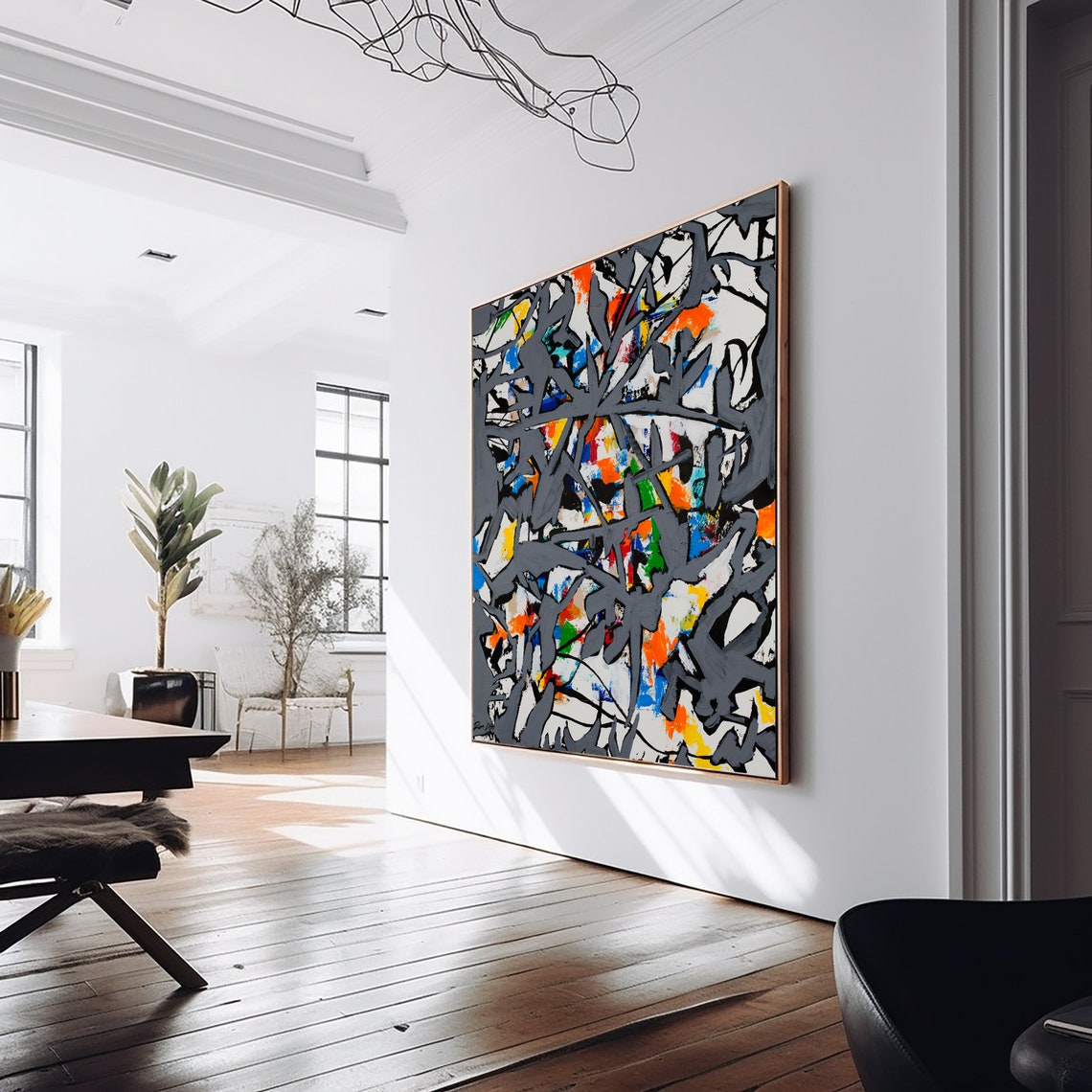 Gray Web Lines Over Colorful Textured Ground Abstract Art Print