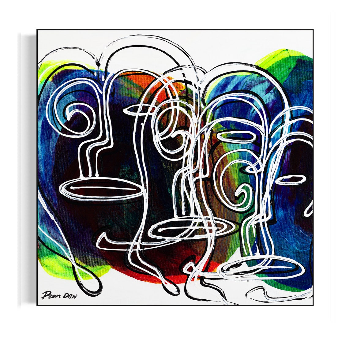 Overlapping White Line Faces on a Colorful Background Art Poster - Image 4