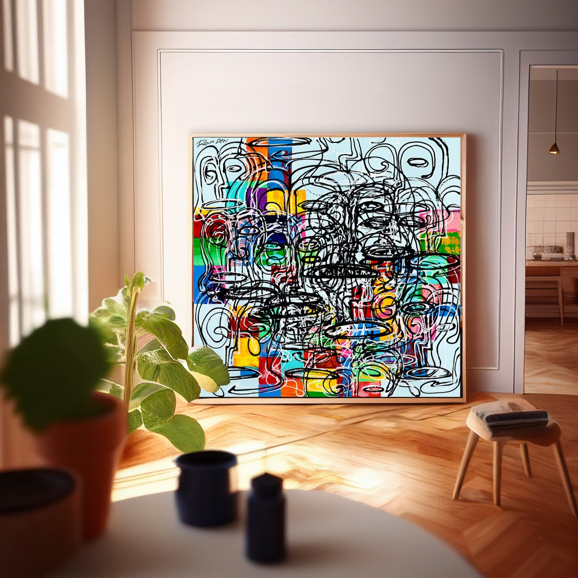Dense Black Scribble Faces Over Colorful Patchwork Modern Art Poster