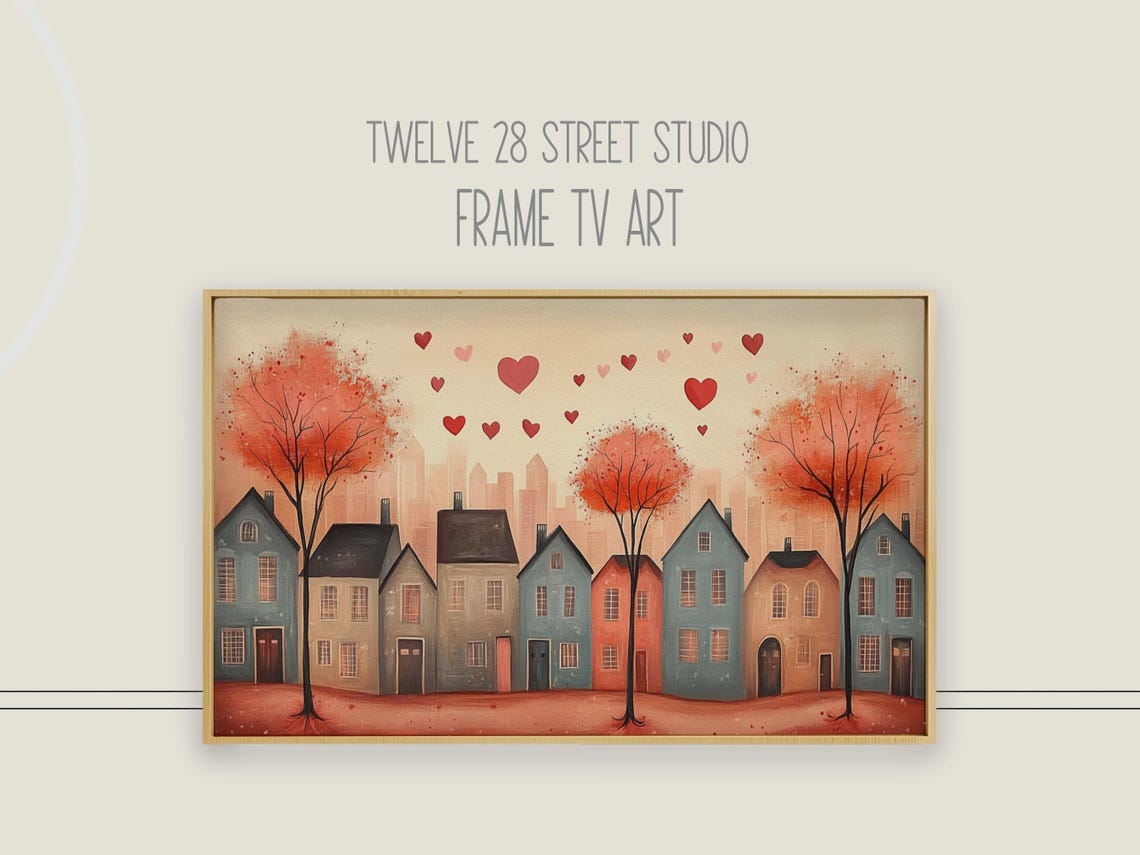 Valentine Village Hearts Whimsical Houses Coral Trees Love Wall Art